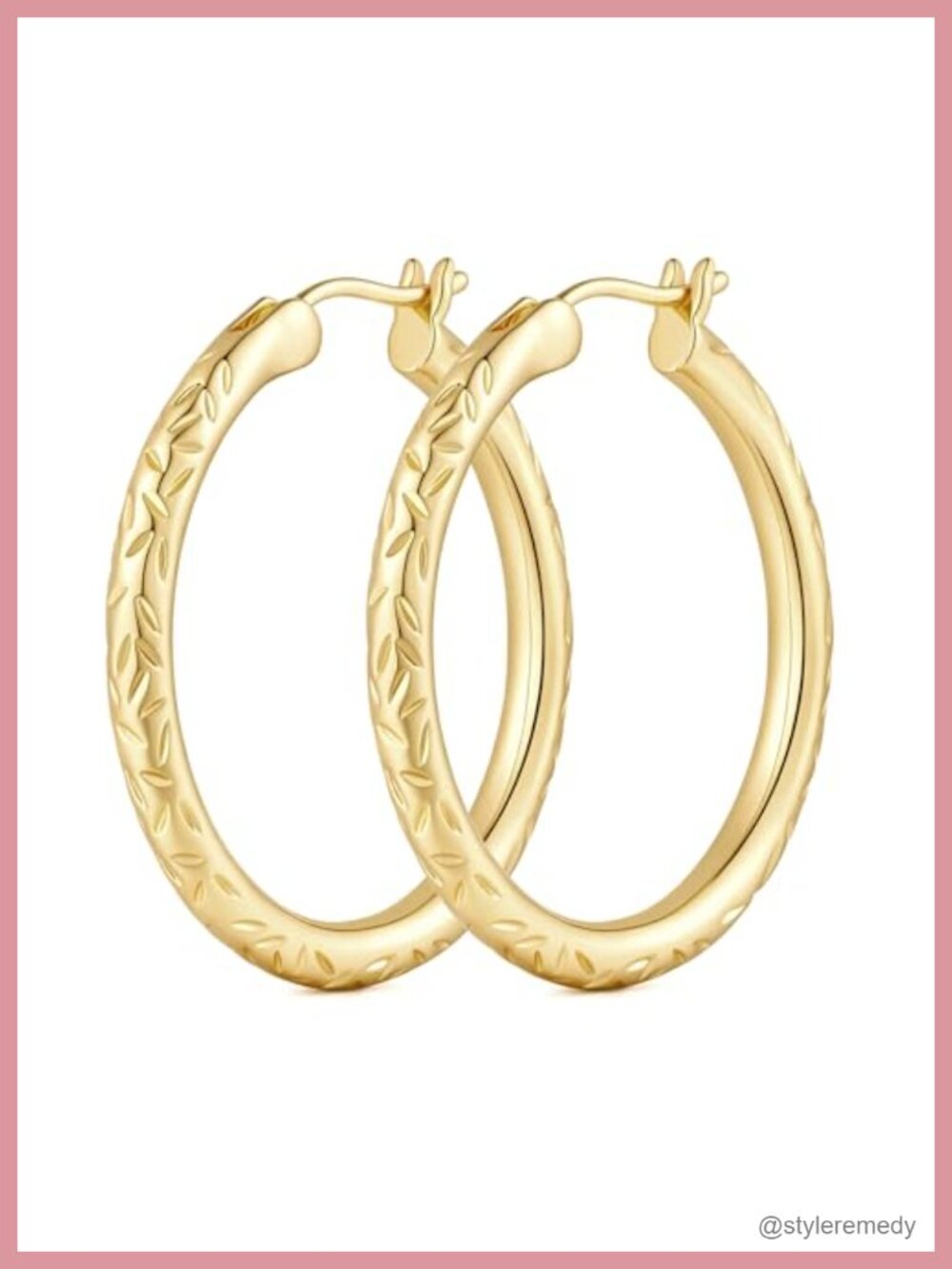 14K Gold Plated Hoop Earrings Leaf-Engraved X-Design Hinged Snap Back Women